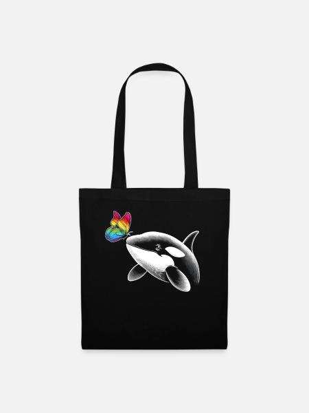 Orca Wal Schmetterlinge Tier Blumen Illustration - Stoffbeutel - Schwarz