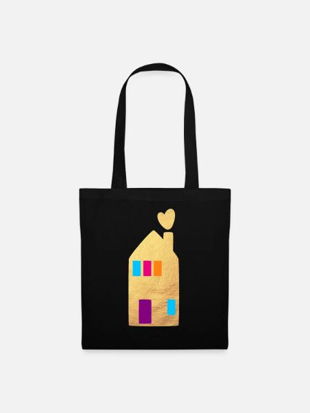 Haus Gold Fenster Herzen Home Zuhause Hygge - Stoffbeutel - Schwarz