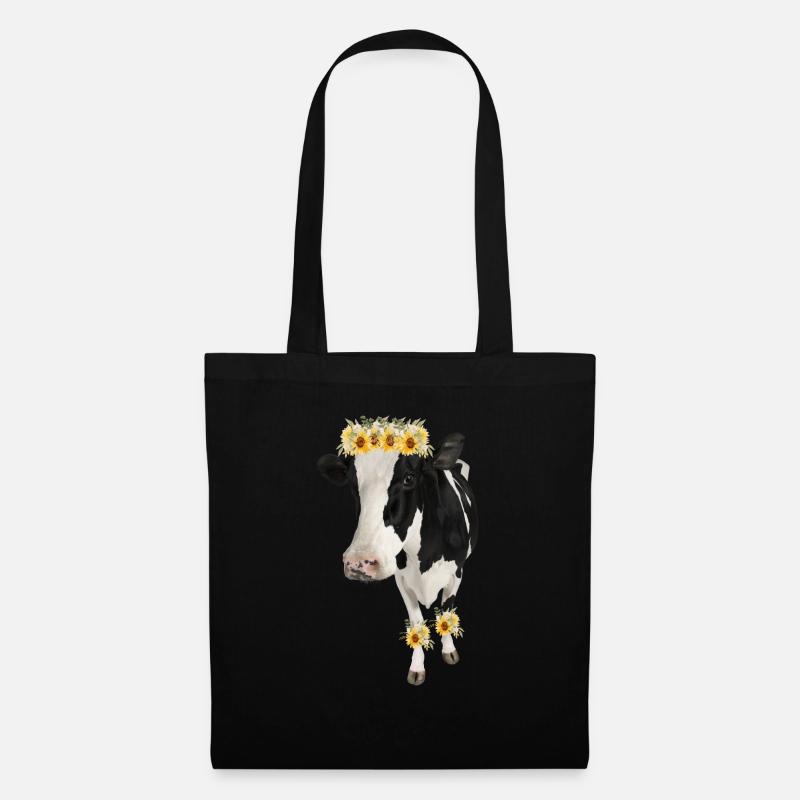 Holstein Kuh mit Blumen - Sonnenblumen - Stoffbeutel - Schwarz