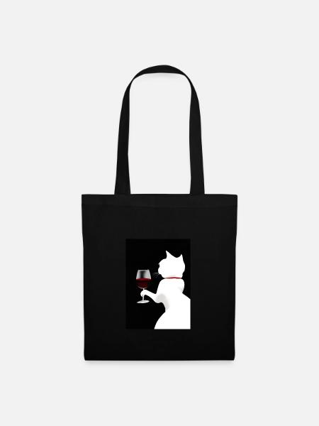 Katze mit Wein - Stoffbeutel - Schwarz