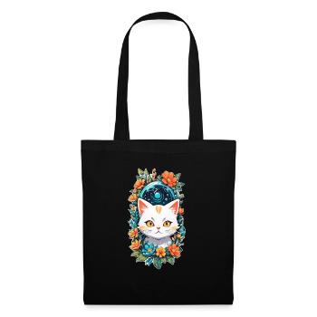 Katze und Blume Aquarell - Stoffbeutel - Schwarz - Vorne