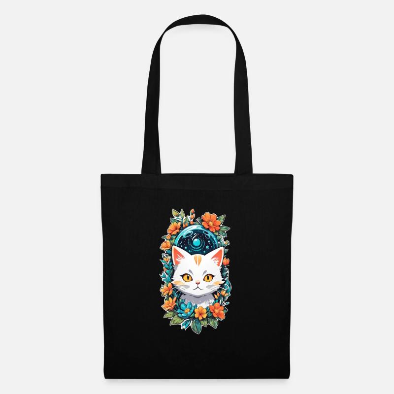 Katze und Blume Aquarell - Stoffbeutel - Schwarz