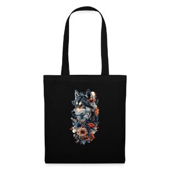 Husky und Blüten - Stoffbeutel - Schwarz - Vorne