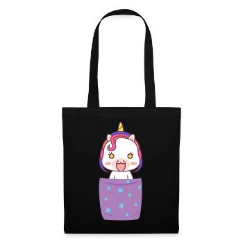 Süßes Einhorn in Brusttasche Lustig Unicorn - Stoffbeutel - Schwarz - Vorne