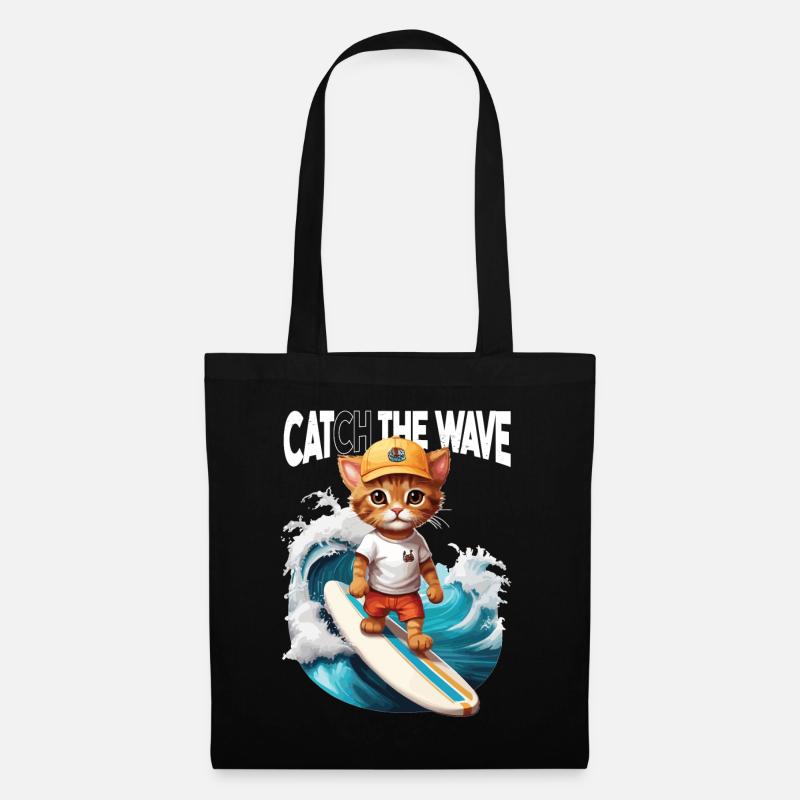 Katzen-Surfer Catch the Wave - Stoffbeutel - Schwarz