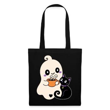 Halloween Geist mit Katze – Cozy Tea Time - Stoffbeutel - Schwarz - Vorne