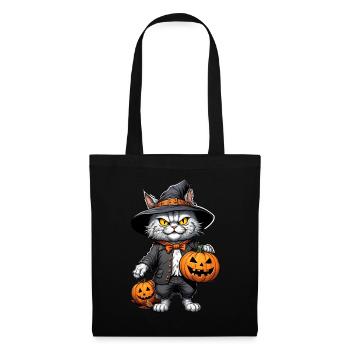 Halloween -Katze Grusel mit Kürbis - Stoffbeutel - Schwarz - Vorne