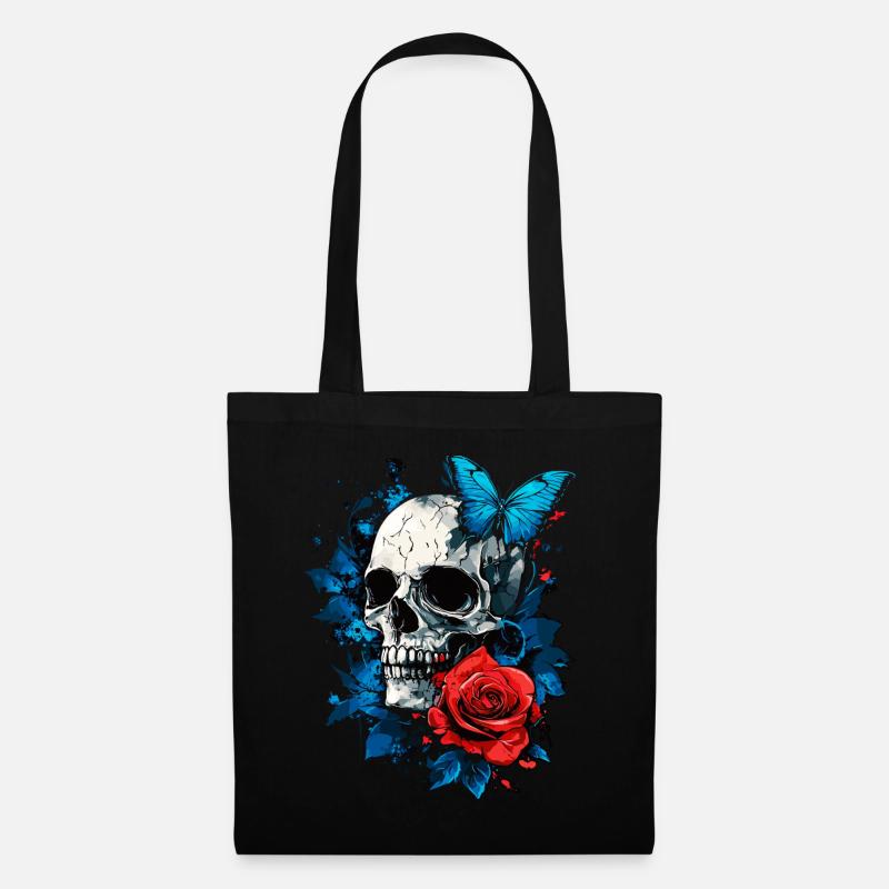 Totenkopf Totenschädel Schmetterling Rose Blume - Stoffbeutel - Schwarz