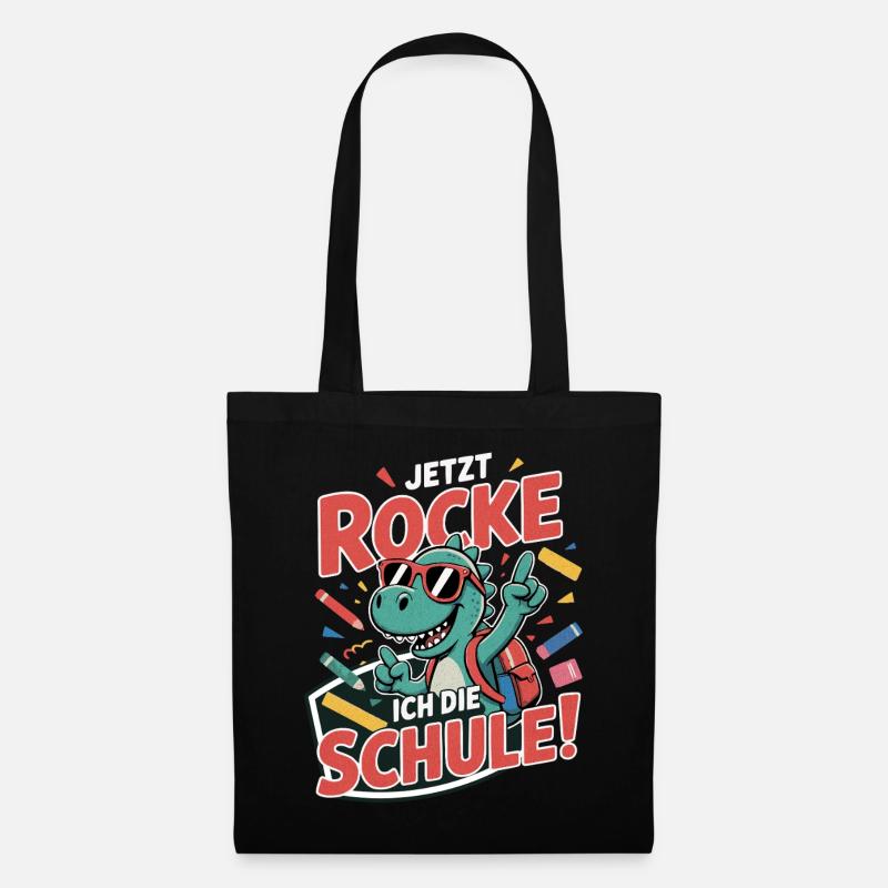 Dino T-Shirt Einschulung – Jetzt rocke ich Schule - Stoffbeutel - Schwarz