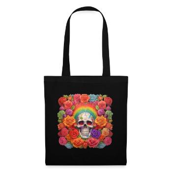 Totenkopf mit Regenbogen im Rosenbett - Stoffbeutel - Schwarz - Vorne