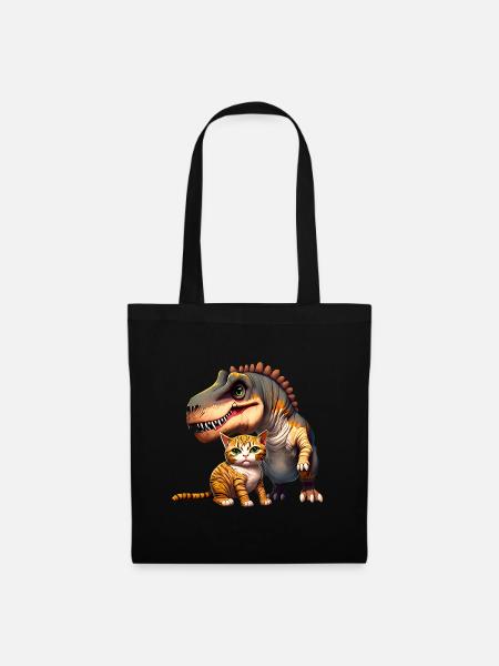 Katze schmust mit T-Rex - Stoffbeutel - Schwarz