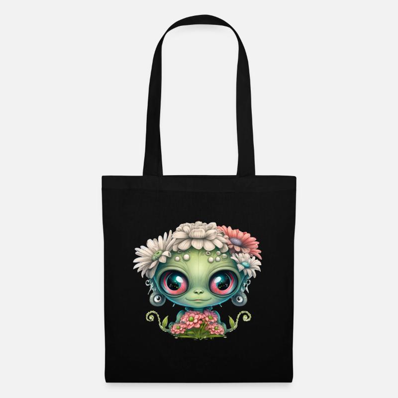 Süßer Alien mit Blumen - Stoffbeutel - Schwarz