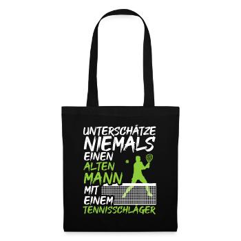 Alter Mann mit einem Tennisschläger | Tennis Shirt - Stoffbeutel - Schwarz - Vorne