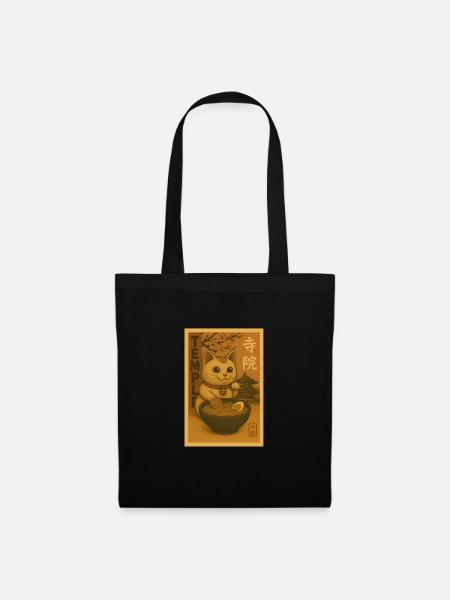 Maneki Neko Tempel Retro Poster - Winkekatze - Stoffbeutel - Schwarz