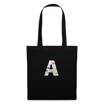 Buchstabe A, Monogramm, Blumenmuster - Stoffbeutel - Schwarz - Vorne