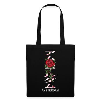 Amsterdam in Japanisch mit Rosen und Kirschblüten - Stoffbeutel - Schwarz - Vorne