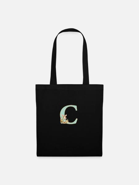 Buchstabe C, Monogramm, Blumen, Hase - Stoffbeutel - Schwarz