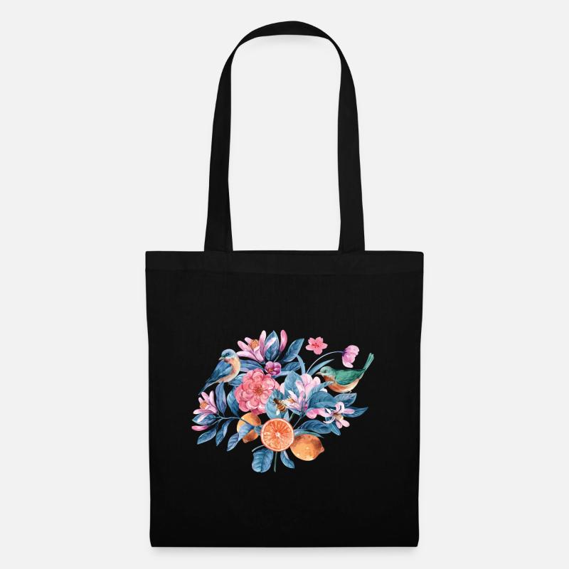 Bunte Blumen und Vögel - Stoffbeutel - Schwarz