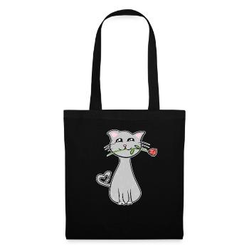 graue cartoon katze rose blume romantisch - Stoffbeutel - Schwarz - Vorne