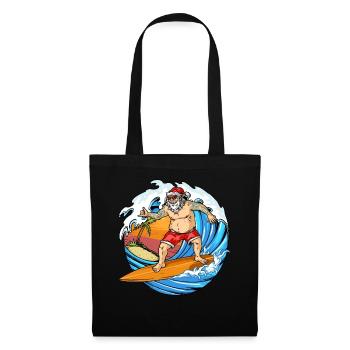 Weihnachten, Weihnachtsmann am Surfen, Surfbrett - Stoffbeutel - Schwarz - Vorne