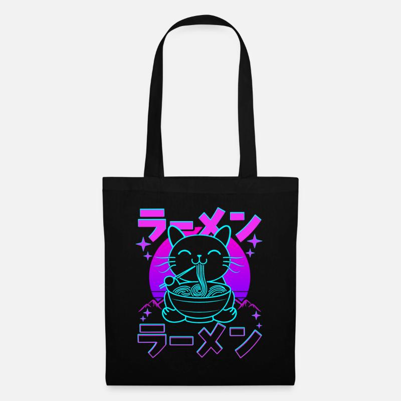 Retro Kawaii Katze isst Ramen - Stoffbeutel - Schwarz