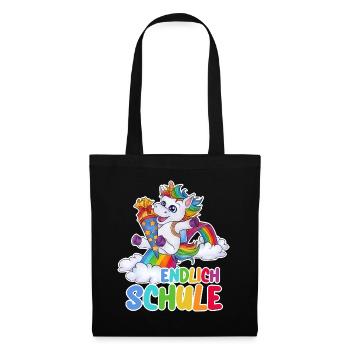 "Endlich Schule!" Einhorn Schulkind mit Zuckertüte - Stoffbeutel - Schwarz - Vorne