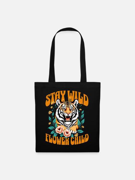 Tiger Shirt: Stay wild flower child. Boho Tshirt - Stoffbeutel - Schwarz