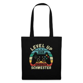 Level Up zur Großen Schwester Geburt Schwanger - Stoffbeutel - Schwarz - Vorne