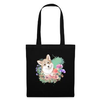 Welsh Corgi Cottagecore Wasserfarben Blumen - Stoffbeutel - Schwarz - Vorne