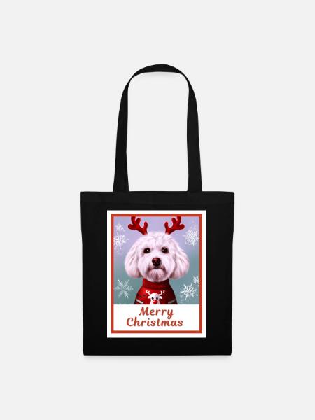 Süßer Hund (Bichon frise) in einem Weihnachtspullover. - Stoffbeutel - Schwarz