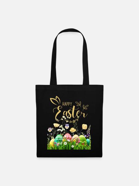 Goldenes Osterfest - Blumen und Eier - Stoffbeutel - Schwarz