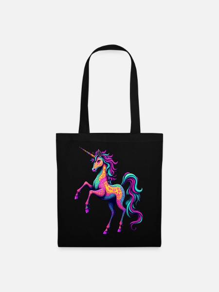 Psychedelisches Neon-Einhorn – Buntes Fantasy-Pferd - Stoffbeutel - Schwarz