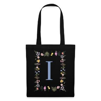 Florale Initial "I" Blumenmonogramm - Stoffbeutel - Schwarz - Vorne