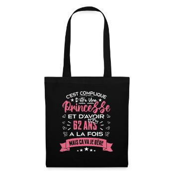 Une princesse a 62 ans, Cadeau d’anniversaire - Sac en tissu - noir - Devant