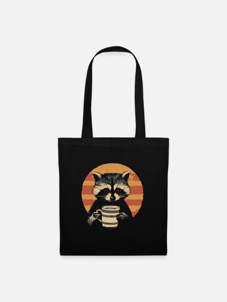 Waschbär mit Kaffee Tasse Vintage - Stoffbeutel - Schwarz