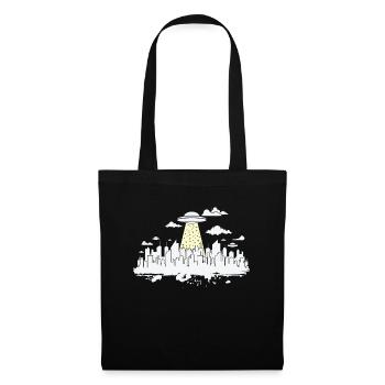 Skyline mit Ufo Gebäude Stadt Silhouette - Stoffbeutel - Schwarz - Vorne
