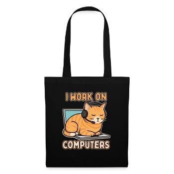 Lustige IT-Katze – I Work on Computers - Stoffbeutel - Schwarz - Vorne