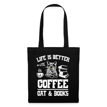Life is Better with Coffee Cat and Books - Stoffbeutel - Schwarz - Vorne