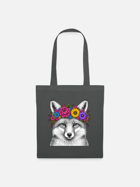 Fuchskopf mit Blumenkranz - Stoffbeutel - Graphite