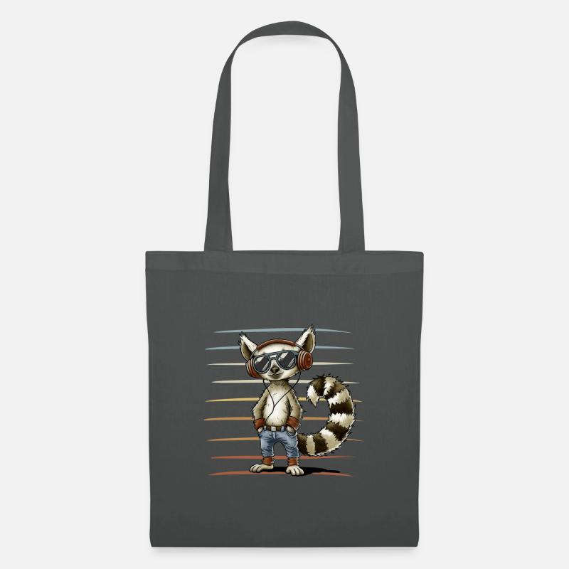 Nostalgie Lemur mit Retro Kopfhörern Sonnenbrille - Stoffbeutel - Graphite