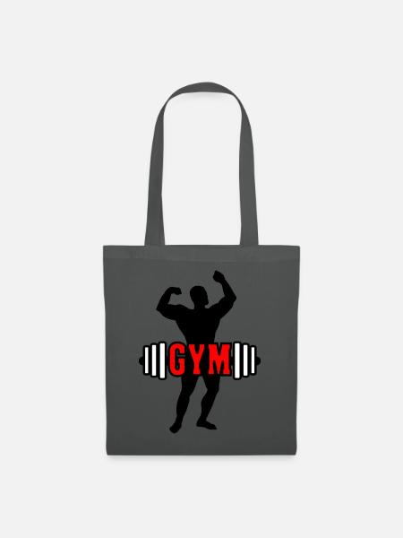 Roter Text "GYM" über Bodybuilder - Stoffbeutel - Graphite
