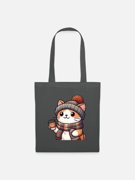 niedliche Katze mit Kaffee und Winteroutfit - Stoffbeutel - Graphite
