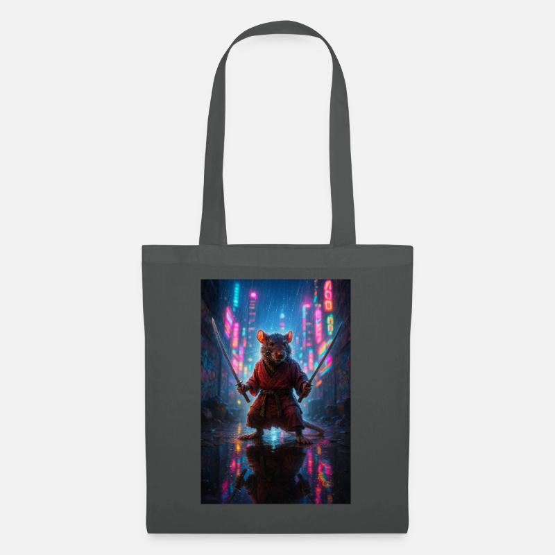 Ratten-Ninja mit Katanas in einer Neon-Stadtlandschaft - Stoffbeutel - Graphite