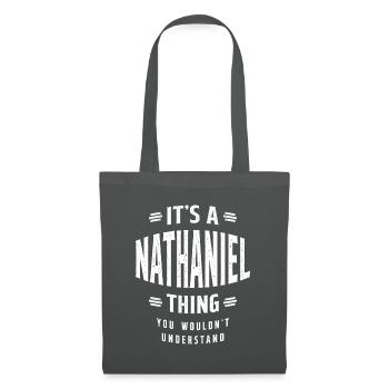 Es ist ein personalisierter Name von Nathaniel Thing - Stoffbeutel - Graphite - Vorne