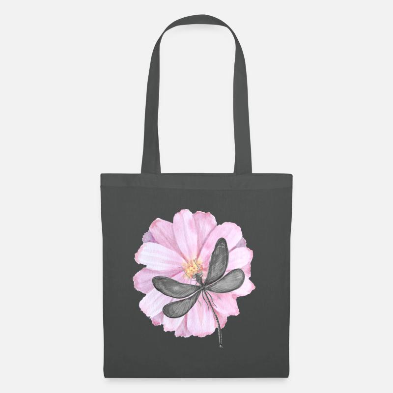 Libelle mit zarter rosa Blume - Stoffbeutel - Graphite