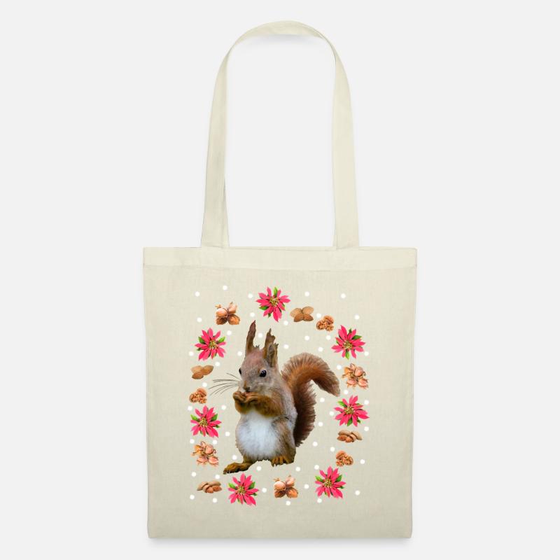 Eichhörnchen mit Nüssen, Weihnachtsstern, Haselnus - Stoffbeutel - Natur