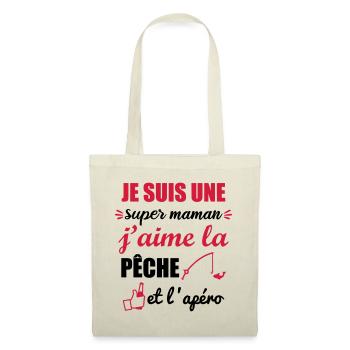 super maman pêche et apéro, cadeau fête des pères - Sac en tissu - nature - Devant