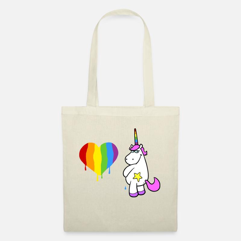 Rosa Einhorn pinkelt ein großes Herz in Regenbogen - Stoffbeutel - Natur