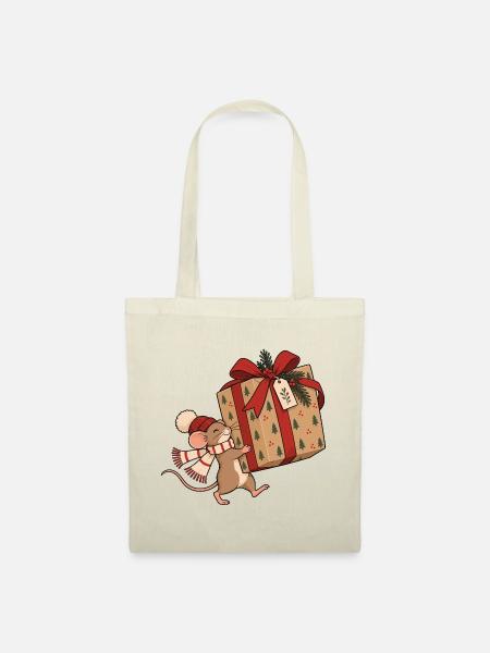 Christmas Mouse With Gift - Stoffbeutel - Natur