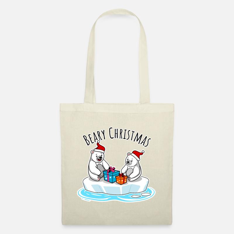 Eisbär Merry Christmas beim Geschenke auspacken - Stoffbeutel - Natur
